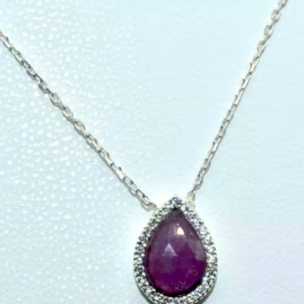 Silver Ruby & Cz(2.15ct) Necklace (~length 18inches) (~weight 2.7g)